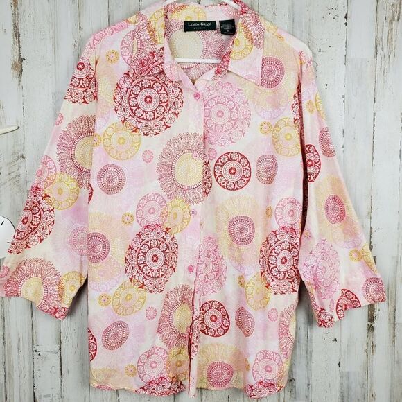 Lemon Grass Button Down Shirt Pink Red Patterned Size 1X - Picture 1 of 9